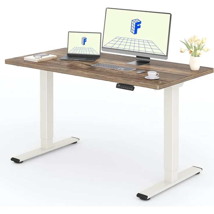 FLEXISPOT Höhenverstellbarer Schreibtisch mit 2 Motoren & 25MM einteiliger Tischplatte,ergonomischer Bürotisch - 140x80 cm Walnussbraun, Mousseweiß Gestell – Bild 1
