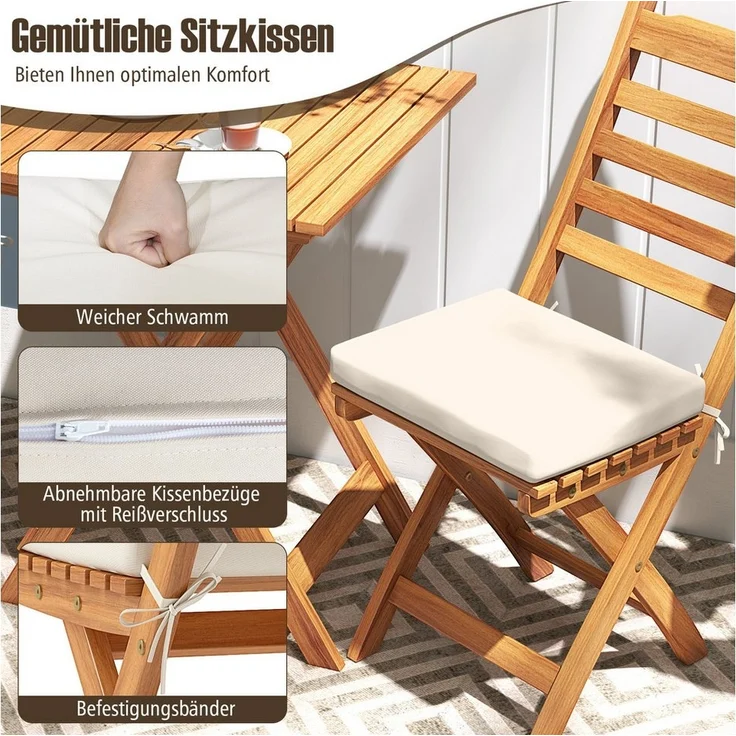 COSTWAY Balkonset, (3-tlg), Bistroset klappbar, mit Sitzkissen, Akazienholz – Bild 3