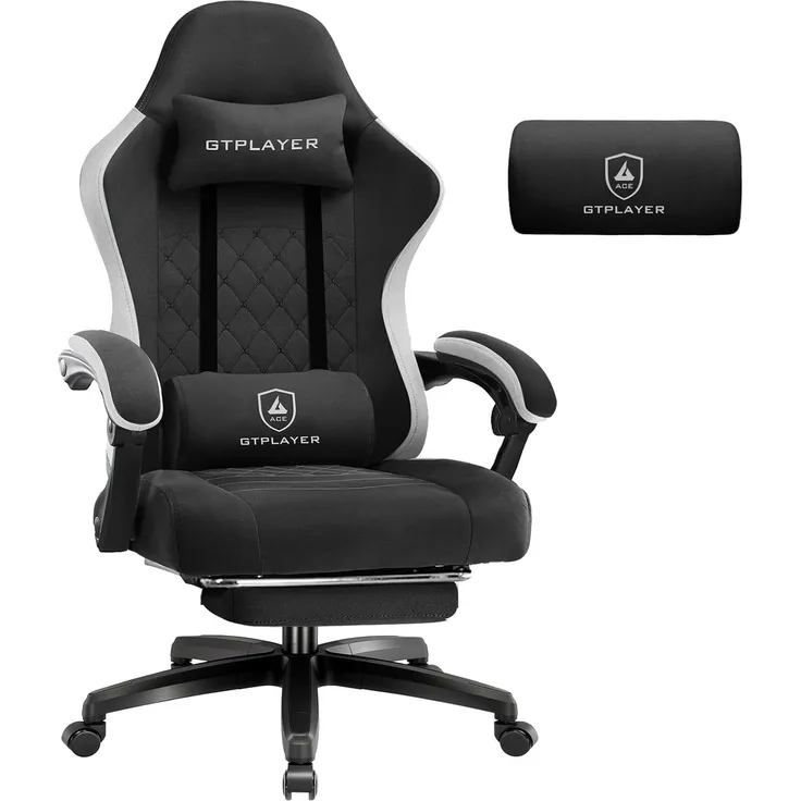 GTPLAYER Gaming Stuhl Stoff, Gaming Sessel mit Taschenfederkissen, ergonomischer Drehstuhl, Gamer Stuhl mit Fußstütze150 kg Belastbarkeit, schwarz