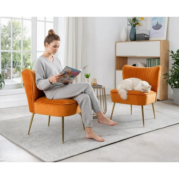 Sessel Samt Loungesessel Ohrensessel Metallbeine Orange – Bild 5