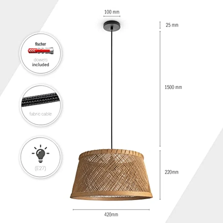 Paco Home Deckenlampe Bambus Hängeleuchte Boho, Vintage Korblampe Natur (Ø42 cm), E27 Fassung, inklusive Dübel und Schrauben – Bild 3