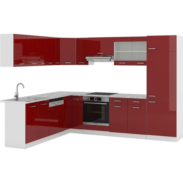Eckküche R-Line Rot Hochglanz/Weiß 287 x 60 cm , AP Marmor Vicco