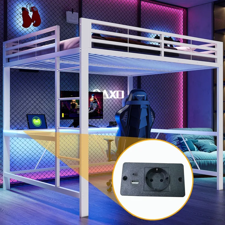 EINHOM 160 x 200 cm Gaming-Metall-Hochbettgestell mit LED-Beleuchtung, USB-Ladestation und Schreibtisch, Weiß (Ohne Matratze)
