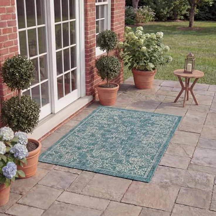Safavieh Geometrisch Teppich für Drinnen & Draussen - Courtyard Collection, Kurzer Flor, Grau und Marineblau, 61 X 109 cm – Bild 2