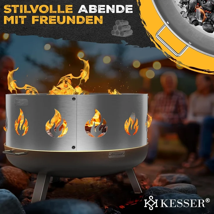 KESSER® Feuerschale mit 2,5 mm Stahldicke Feuerkorb aus Edelstahl / Stahl inklusive 42cm Feuerhaken aus Gusseisen, Wasserablauf & 2 stabile Griffe für Holz & Kohle Feuerstelle für Garten & Terrasse Ø 60 cm, Edelstahl + Funkenschutz – Bild 9