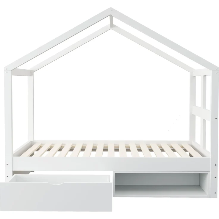 Merax Einzelbett, Jugendbett, Holzbett 90×190 cm, mit Schubladen und kleinem Schuhschrank, mit mehrfarbiger LED-Beleuchtung, Lattenrost, Weiß – Bild 8