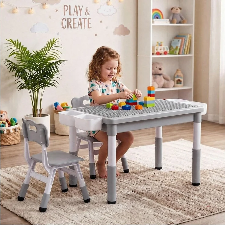 TLGREEN Kindertisch 3-teiliges Kindertisch Set mit 2 Stühlen (höhenverstellbarer Aktivitätstisch mit wendbarer Tischplatte, Bausteintisch kompatibel mit Klemmbausteinen & Whiteboard), viel Stauraum, Kindersitzgruppe Spieltisch für Kinderzimmer Kita – Bild 1