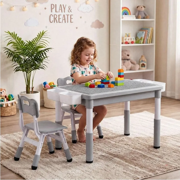 TLGREEN Kindertisch 3-teiliges Kindertisch Set mit 2 Stühlen (höhenverstellbarer Aktivitätstisch mit wendbarer Tischplatte, Bausteintisch kompatibel mit Klemmbausteinen & Whiteboard), viel Stauraum, Kindersitzgruppe Spieltisch für Kinderzimmer Kita