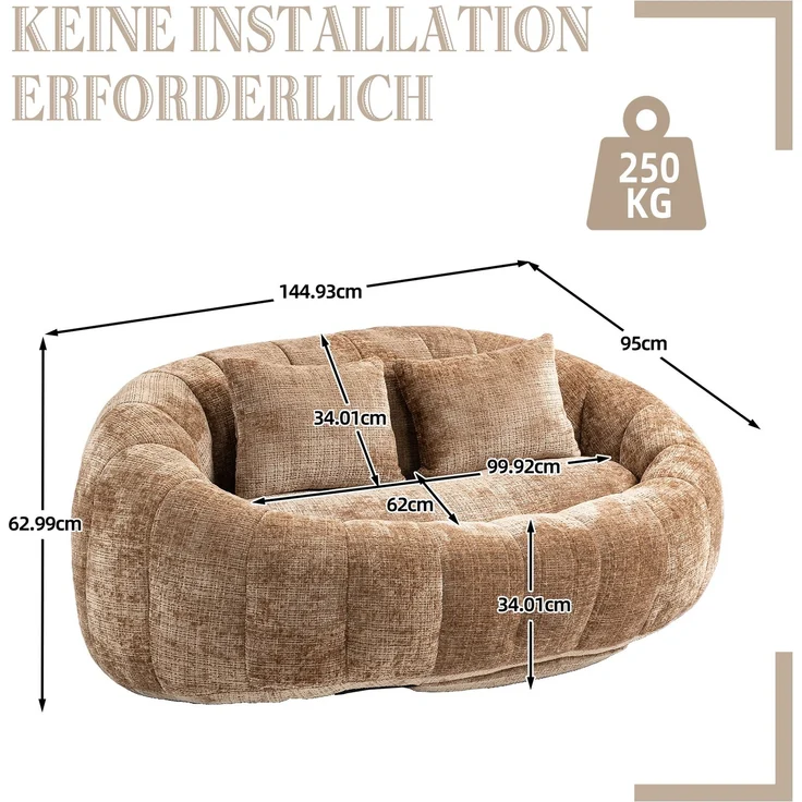 LVHOM Sitzsack XXL, Bean Bag mit Sitzpuff, Bodensofa mit 2 Kissen, 2-Sitzer-Sofa aus Chenille, 145x95x63cm – Bild 7