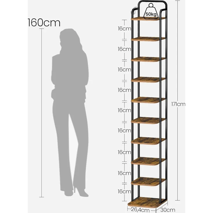 Vertikales Schuhregal, Schuhregale, Schuhturm für kleine Räume, Freistehend, Verstellbar, Platzsparend, 10-Stöckige, Braun und Schwarz – Bild 7