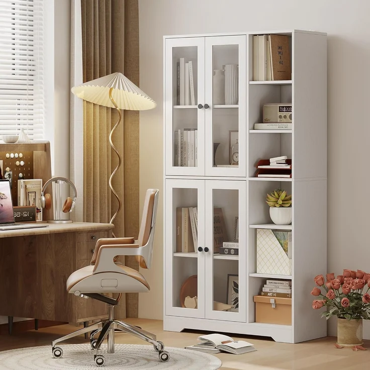 HOMCOM Küchenbuffet 172 cm groß (Schrank mit Glastüren, 1-St, Hochschrank) Großer Stauraum, Weiß – Bild 9