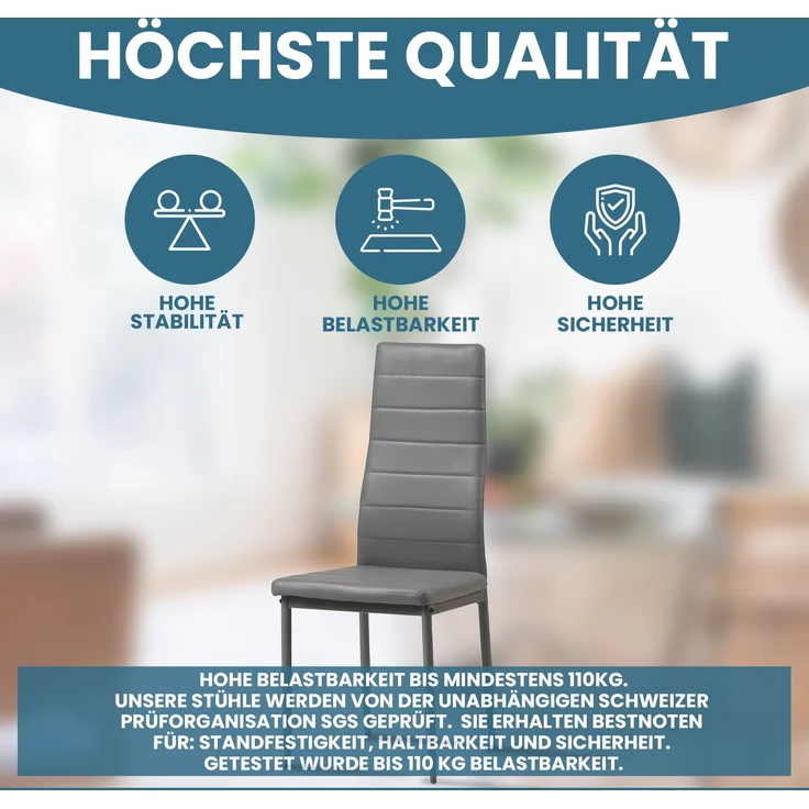 Albatros Esszimmerstühle MILANO 4er Set, Grau - Polsterstuhl mit Kunstleder-Bezug, Modernes Stilvolles Design am Esstisch - Küchenstuhl oder Stuhl Esszimmer mit hoher Belastbarkeit bis 110kg – Bild 3