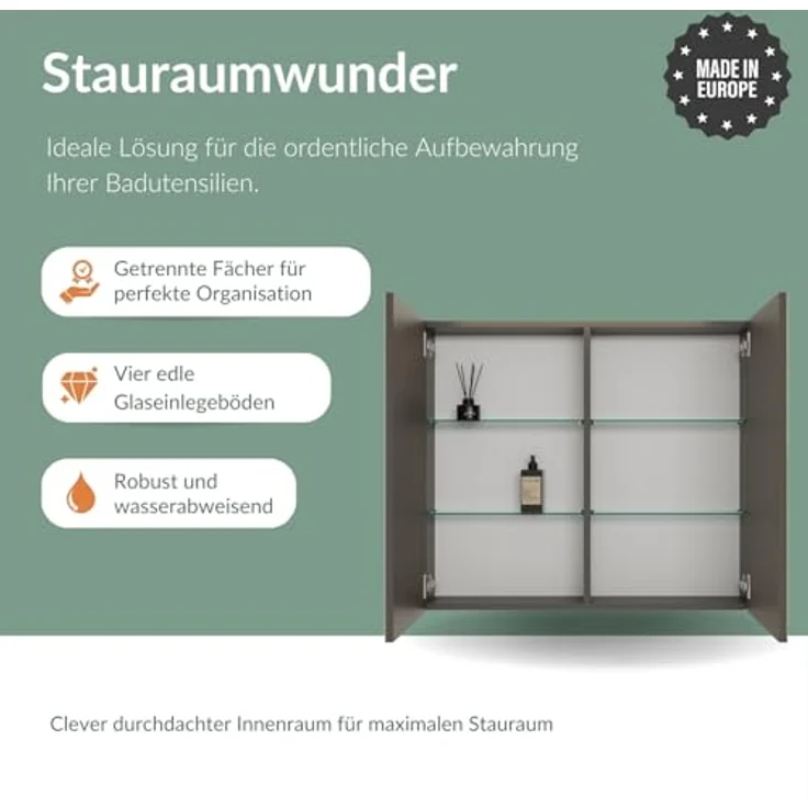 Planetmöbel ARIA Spiegelschrank Bad mit Beleuchtung 80 cm breit | Badschrank hängend mit Spiegel | Anthrazit, mit Leuchte und Steckdose, Spiegelschrank Gäste WC 80 x 70 x 16 cm – Bild 5
