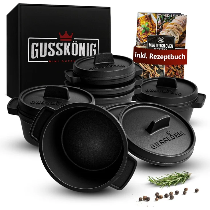 Mini Dutch Oven Set 6er aus Gusseisen – 300 ml Ø 11 cm, bereits eingebrannt, ideal für Vorspeisen & Nachspeisen inkl. Rezeptbuch – Bild 10