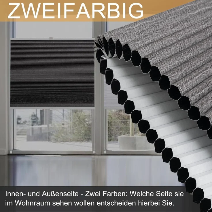 WOLTU Wabenplissee ohne Bohren Verdunklung Thermo Doppelplissee Klemmfix Zweifarbig 90x200 cm Dunkelgrau-Weiß, Plissee Faltrollo Sonnen-, Sicht- & Schallschutz, Jalousie Plisseerollo für Fenster & Tür – Bild 3