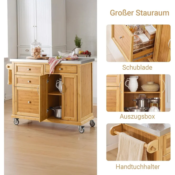 Küchenwagen aus Bambus mit Edelstahlarbeitsplatte Natur FKW70-N – Bild 4