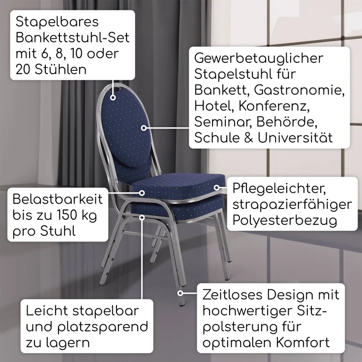 Raburg Stapelstuhl Bankettstuhl, stapelbar, für Konferenz, Seminar & Wartezimmer, David (Set), extra stabile, gepolsterte Metallstühle, belastbar bis 150 kg – Bild 2