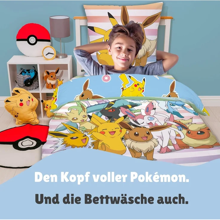 Pokemon Bettwäsche für Kinder 135x200 80x80 cm buntes Motiv mit Pikachu & Friends aus 100% Baumwolle – Bild 2