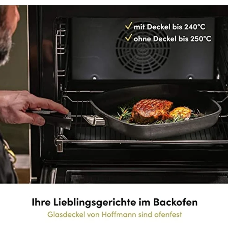 Hoffmann Germany Grillpfanne Steakpfanne Aluguss eckig 28x28 cm mit Deckel – Made in Germany, Aluguss (Set, 2-tlg, 1x Grillpfanne 28x28 cm + 1x Glasdeckel), Grillstreifen, abnehmbarer Griff, Antihaft, backofenfest, Induktion – Bild 4