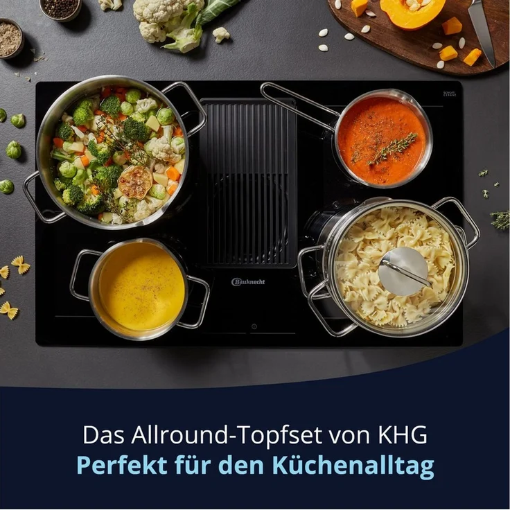 KHG Topf-Set mit Glasdeckeln, für alle Herdarten inklusive Induktion, Edelstahl (Topf-Set, 8-tlg), Sieb & Dichtring im Deckel, Ausgusslippe im Topfrand, Innenskala – Bild 4