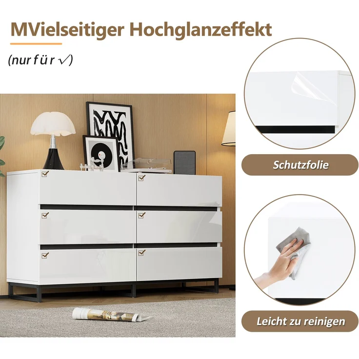 Sideboard 140 x 39,5 x 78,5 cm Weiß mit 6 Schubladen, Hochglanzfront, Metallfüße, großer Stauraum, symmetrisches Design – Bild 8