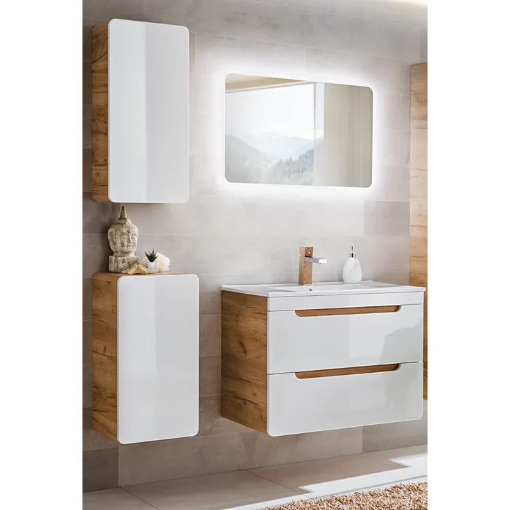 Badmöbel Set 4-teilig Hochglanz weiß inkl. 81 cm Keramikwaschtisch LUTON-56, B/H/T ca. 131/200/46 cm