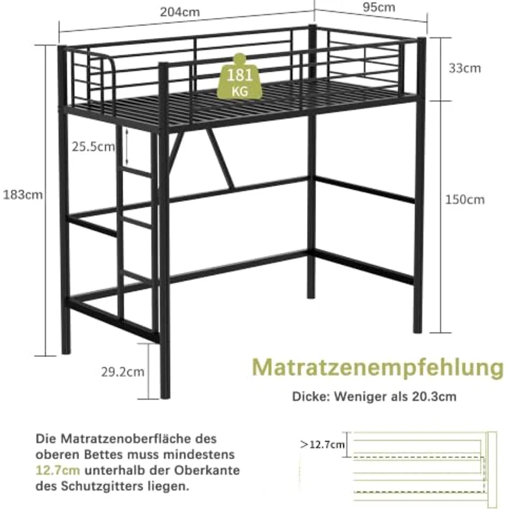 VECELO Hochbett 90 x 200 cm aus Metall, mit beidseitig montierbarer Leiter, hohem Sicherheitsgeländer, 150 cm Bodenfreiheit, geräuschfreie, platzsparend für Jugendliche und Erwachsene, Schwarz – Bild 2