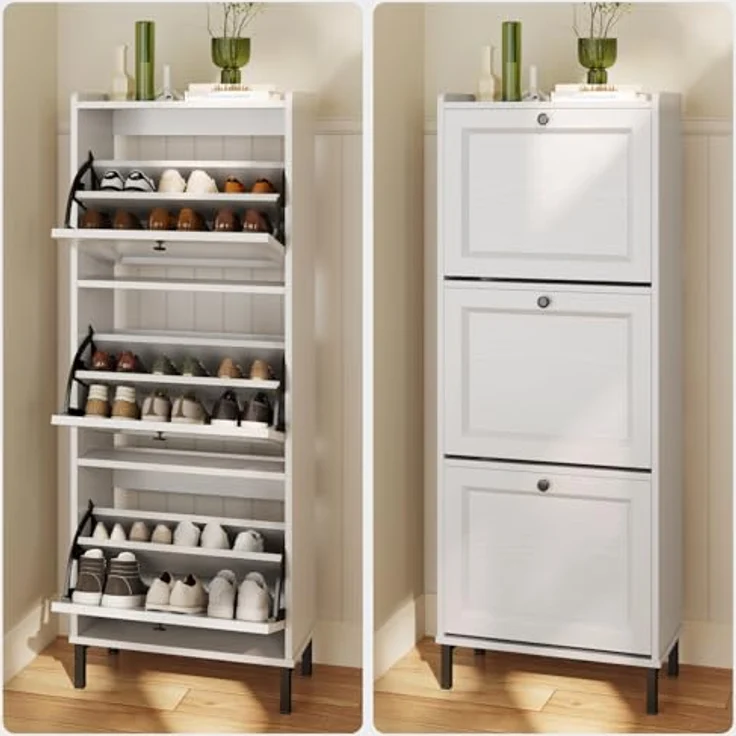 Bealife Schuhregal mit 3 Klapptüren, doppelte Tiefe, schmaler Organizer für den Eingang, 50 x 118 x 24 cm, für Flur, Schlafzimmer (weiß) – Bild 6