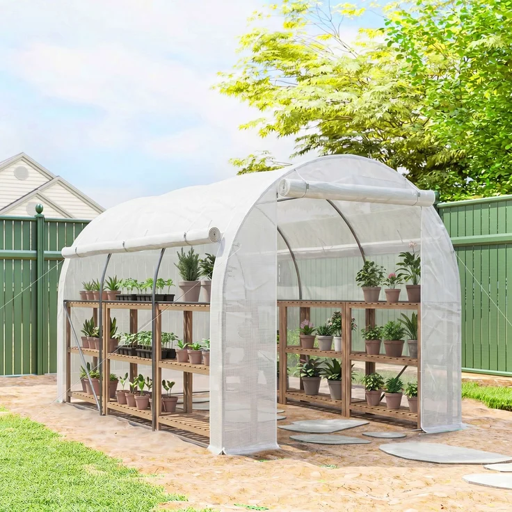 Wohnora-6 m² großes Gartengewächshaus (3 x 2 m), mit einer Tür und zwei aufrollbaren Seitenwänden mit Reißverschluss, sechs Fenstern, weiß,H 2000cm x T 1100cm x B 1960cm – Bild 2