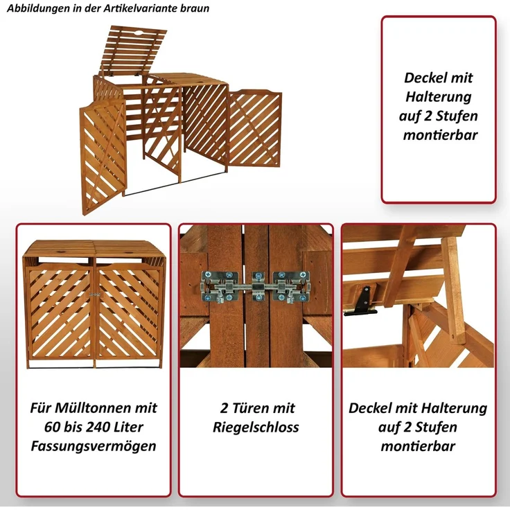 XL 2er-/4er-Mülltonnenverkleidung HWC-J44, Mülltonnenbox, erweiterbar 121x133x98cm Holz MVG-zertifiziert ~ braun – Bild 2