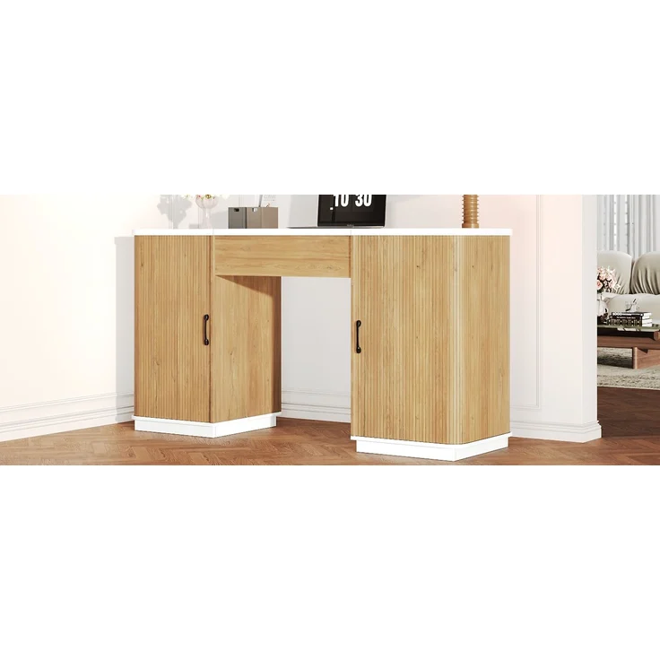 ZUBALIYA Höhenverstellbarer Schreibtisch, 140 × 50 cm, mit großzügigem Stauraum, ausgestattet mit 2 Schubladen und 2 offenen Fächern, Computertisch, Schminktisch, weiß/Eichenoptik, mit Streifenmuster – Bild 19