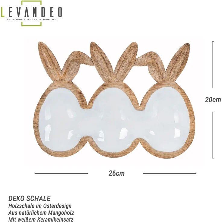 Levandeo® Dekoschale, Deko Schale L26cm Ostereier Hasenohren Mangoholz Natur Weiß – Bild 2