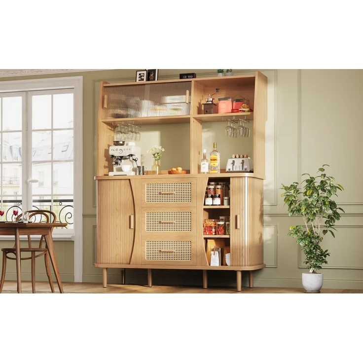 Merax Hochwertiger Buffetschrank mit Rattanoptik & Glasschiebetüren, 174,5cm hoher Küchenschrank mit Stauraum, Naturholz-Optik, belastbar bis 60kg – Bild 3