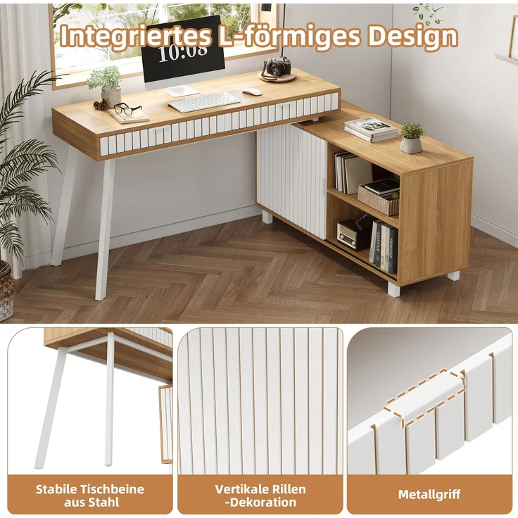 Flieks Schreibtisch, L-förmiger 160×120×76.5 cm, Eckschreibtisch mit 2 Schubladen & Schrank, MDF Bürotisch mit Stahlbeinen, Naturfarbe & Weiß – Bild 6