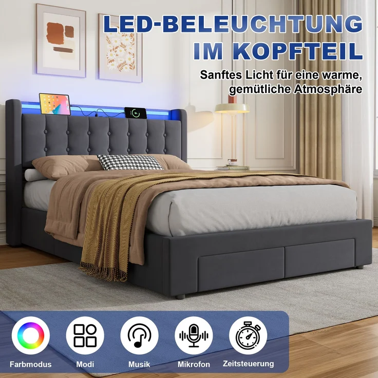Polsterbett 140 x 190 cm, Samt, mit Bettkasten, Schubladen, USB-Anschluss und LED-Beleuchtung, Dunkelgrau – Bild 10