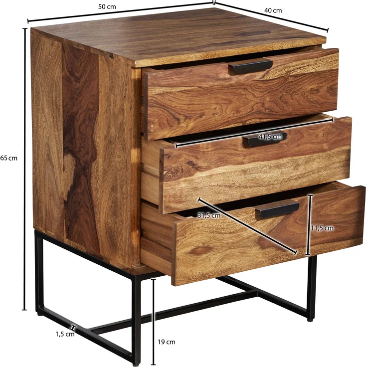 FINEBUY Nachttisch FB86843 (50 x 40 x 65 cm Sheesham Massivholz Metall, Industrial), Nachtkästchen mit Schubladen, Nachtkonsole Modern – Bild 3