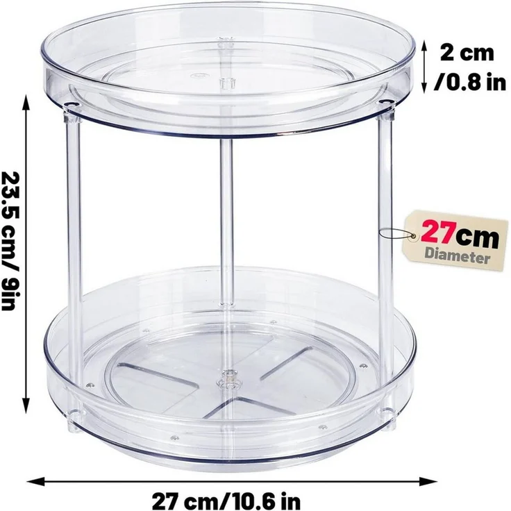 SURFOU Gewürzregal 2 Ebenen Drehteller Organizer, 360° Kühlschrank Drehplatte, Lazy Susan, kühlschrank organizer fridge organizer 360° Drehteller, Multifunktionales Regal, Kosmetik- und Parfümaufbewahrung 1-tlg, 2 Etagen-Diameter 27CM, Küchen Organizer – Bild 3