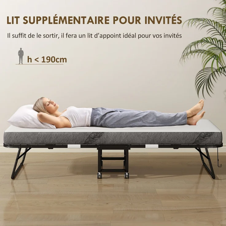 Klappbett für 1 Person, 200 x 80 cm, mit Matratze, zusammenklappbares und transportables Zusatzbett auf Rollen, Stahlrahmen, weiß – Bild 6