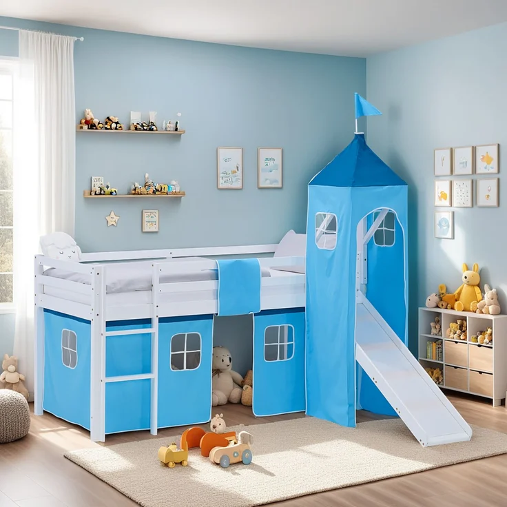 Hochbett Kinder 90x200 cm mit Rutsche Kinderbett Kinderhochbett Stockbett Vorhang Turm Blau – Bild 2