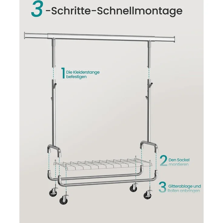 SONGMICS Kleiderständer, Schwerlast-Garderobenständer, auf Rollen, ausziehbare Kleiderstange, verstellbare Höhe, mit Ablage, Haken, silbern HSR014E01 – Bild 6