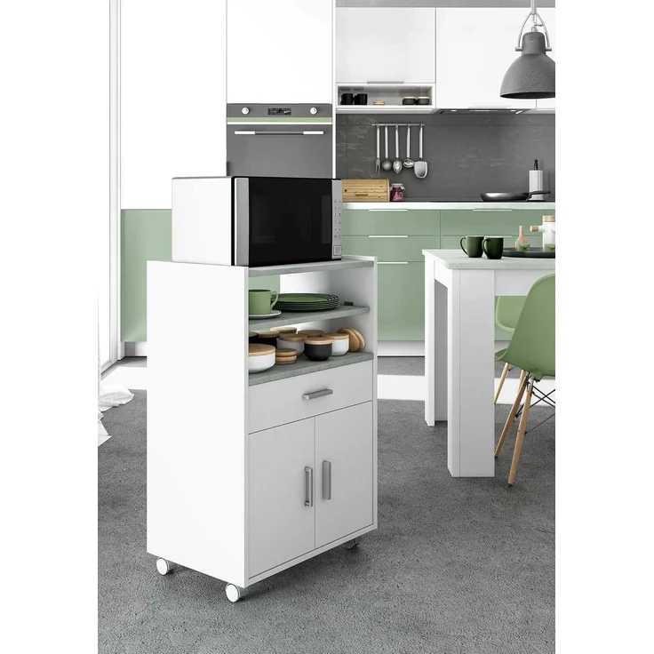 Dmora - Rollwagen Scottsdale, Hilfsmöbel für Küche mit Rädern, Mehrzweckschrank mit 2 Türen und 1 Einlegeboden, cm 59x40h92, Weiß – Bild 1