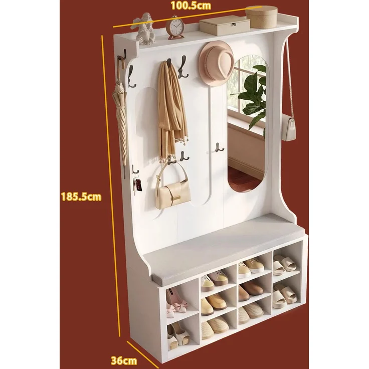 Halupeit Weiße Garderobe für den Eingangsbereich mit Spiegel, Schuhbank und Schuhschrank; Haken; verstellbare Regalböden; 36 × 100,5 × 185,5 cm – Bild 4