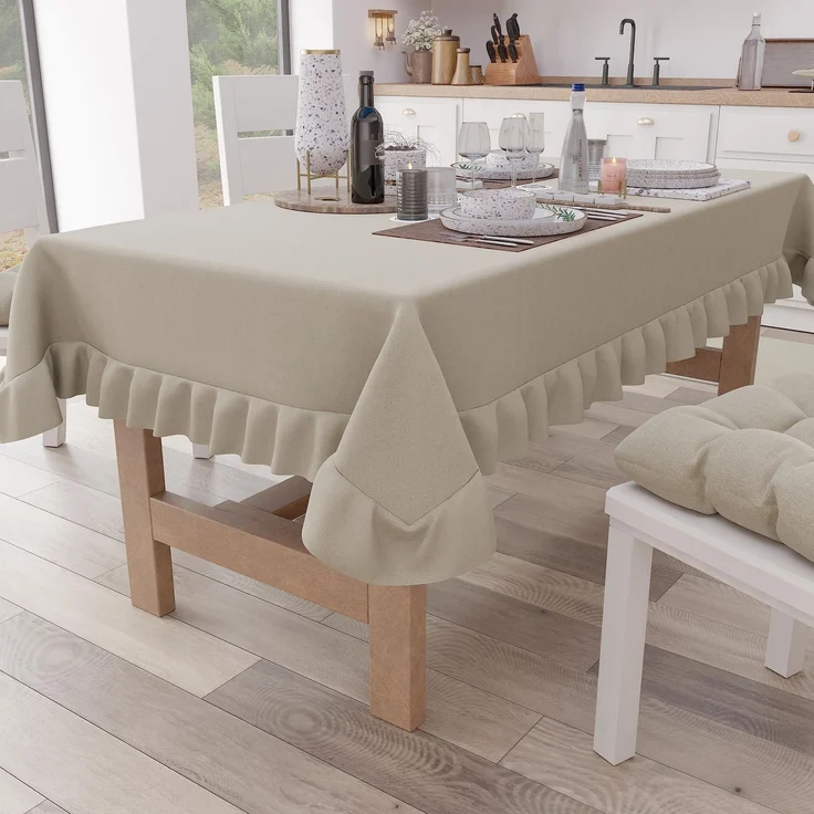 PETTI Artigiani Italiani - Rüschen-Tischdecke, Tischdecke, rechteckige Küchentischdecke mit Volant, einfarbige Tischdecke aus Baumwolle, X12-Sitzer (140x240 cm) Beige