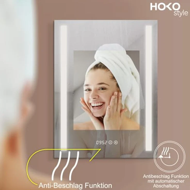 HOKO LED Badspiegel 50x70/60x80 cm mit Digitaluhr, Antibeschlag, Touchsteuerung und dimmbarem Licht (Warmweiß - Kaltweiß - Neutral), IP44, 5mm HD Glas – Bild 4