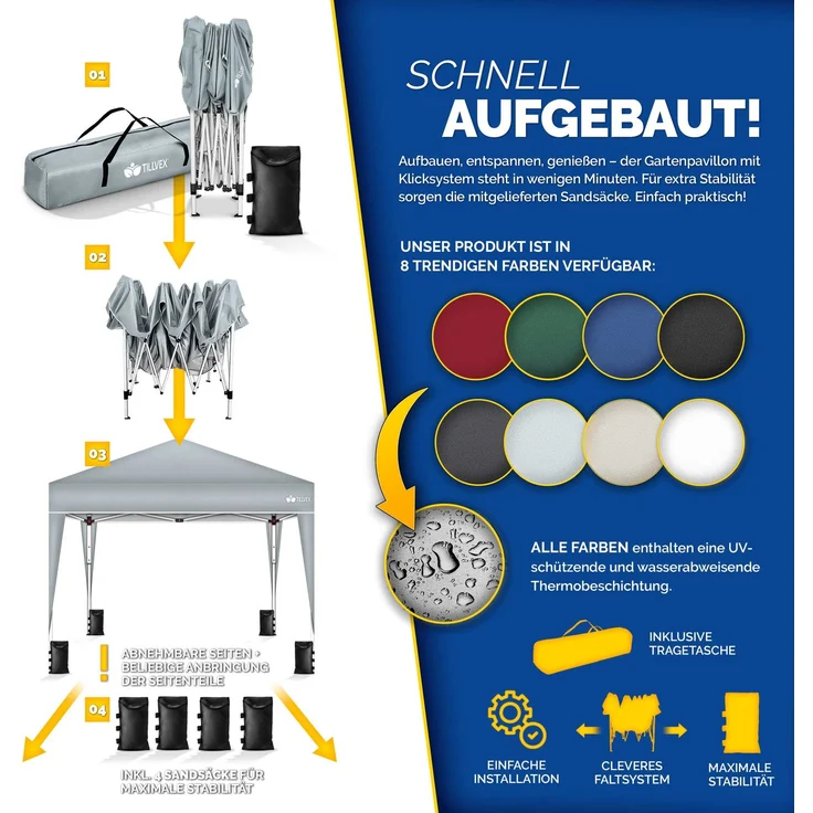 tillvex Partyzelt 3x3 m – Wasserdichter Pavillon Grau, Pop-Up Faltpavillon mit UV-Schutz 50+, Sandsäcken & Tragetasche – Bild 8