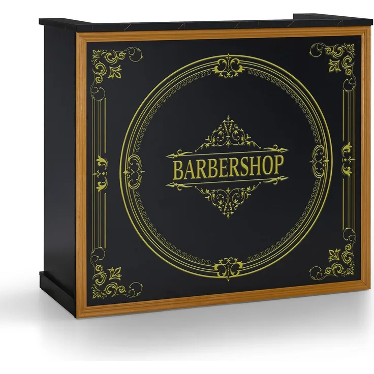 BarberPub Empfangstheke mit 2 Schubladen & 3 Schränken, Empfangstisch Abschließbar, Empfangstresen Holz, Rezeptionstisch Rezeptionstheke Kassentheke für Friseursalon, 53 x 120 x 110 cm, R9773(Schwarz-Gold)
