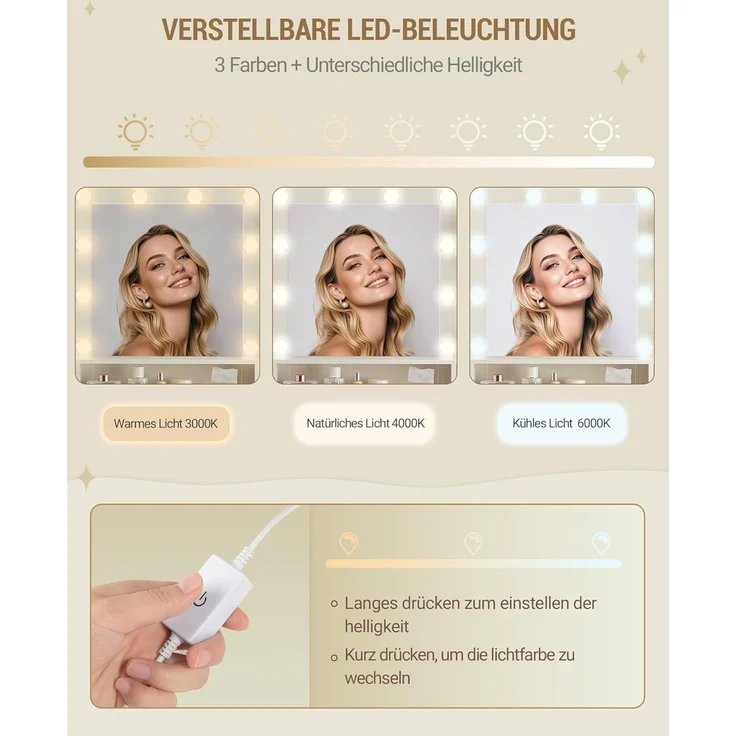 Große Schminktisch mit LED-Beleuchtung, 10 LED-Lichtkugeln, 3 Farben, einstellbare Helligkeit, Schminktisch mit Spiegel, 9 Schubladen, 9 offenen Ablagen, moderner Stil, Weiß-Braun – Bild 7