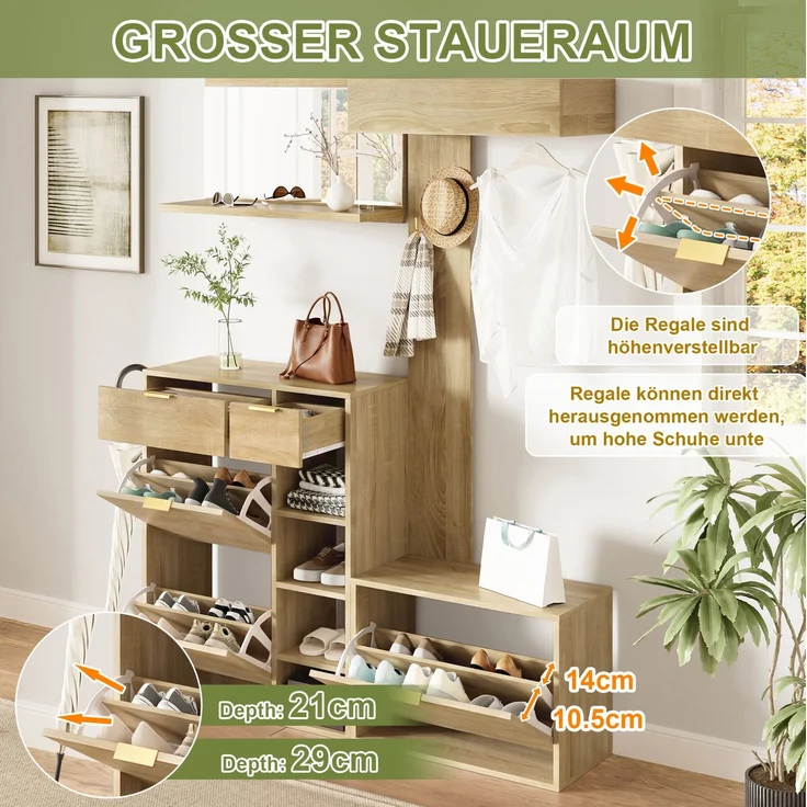 Garderobenset 4-teilig mit Schuhschrank, Sitzbank und Spiegel, 130x30x174 cm, Natur – Bild 8