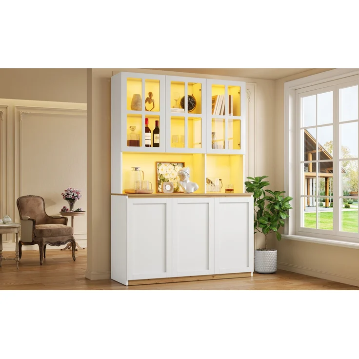 ZUBALIYA Vitrinenschrank 120x200cm, Buffetschrank mit LED-Beleuchtung, Küchenschrank mit Glasrahmentüren, Weiß mit Holzoptik, großer Wohnzimmerschrank als Barschrank, Geschirrschrank und Aufbewahrungsschrank – Bild 14