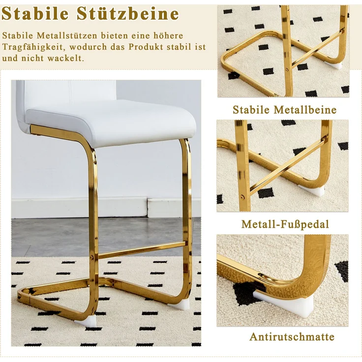 Rayofly-2er-Set Barhocker nordischer Stil H96,5cm, weißes PU-Leder, goldene Metallbeine, für Restaurant, Küche,H 96.50cm x T 39.00cm x B 46.50cm,Weiß – Bild 8